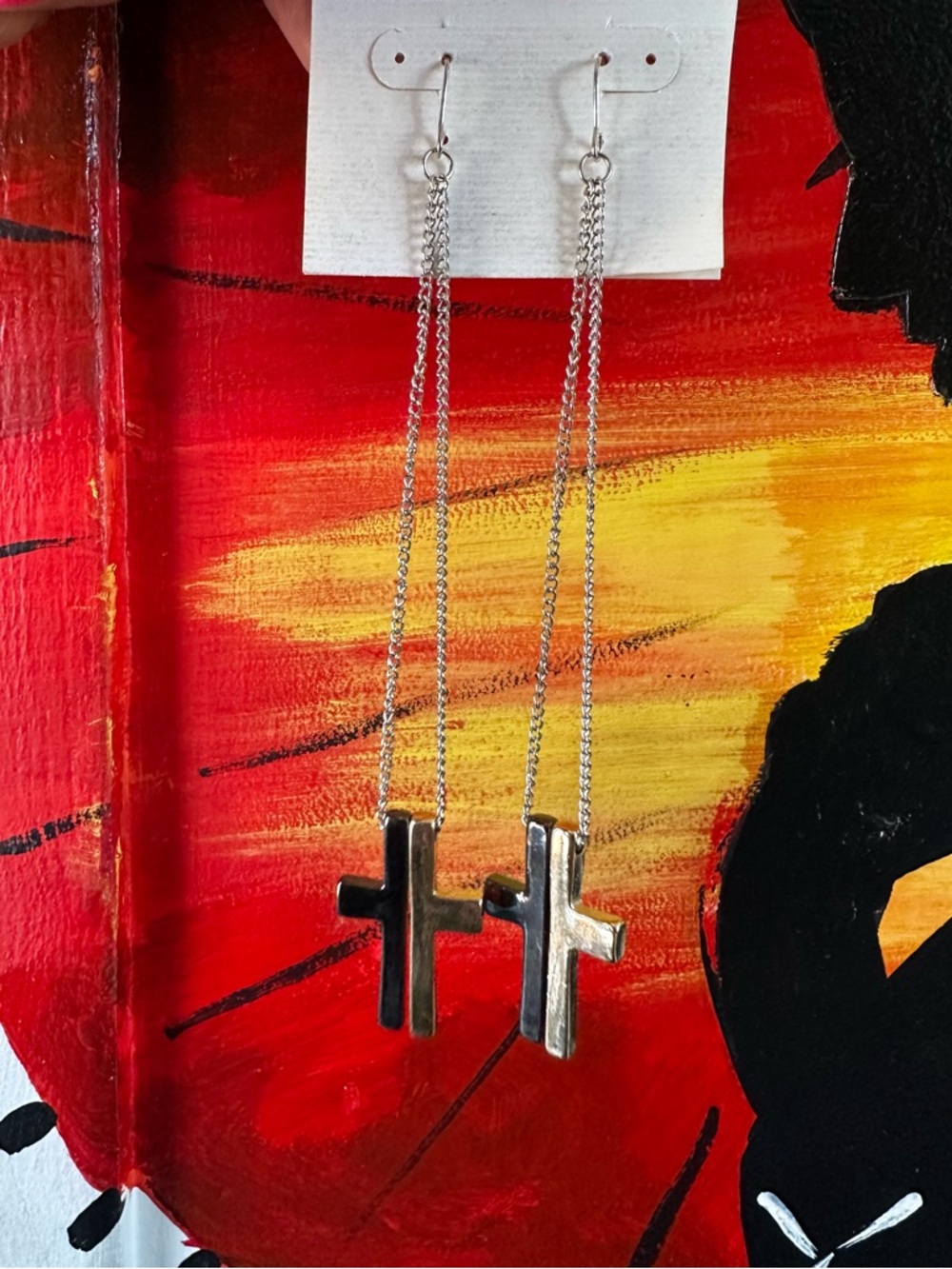Long Silver Cross Dangle Earrings